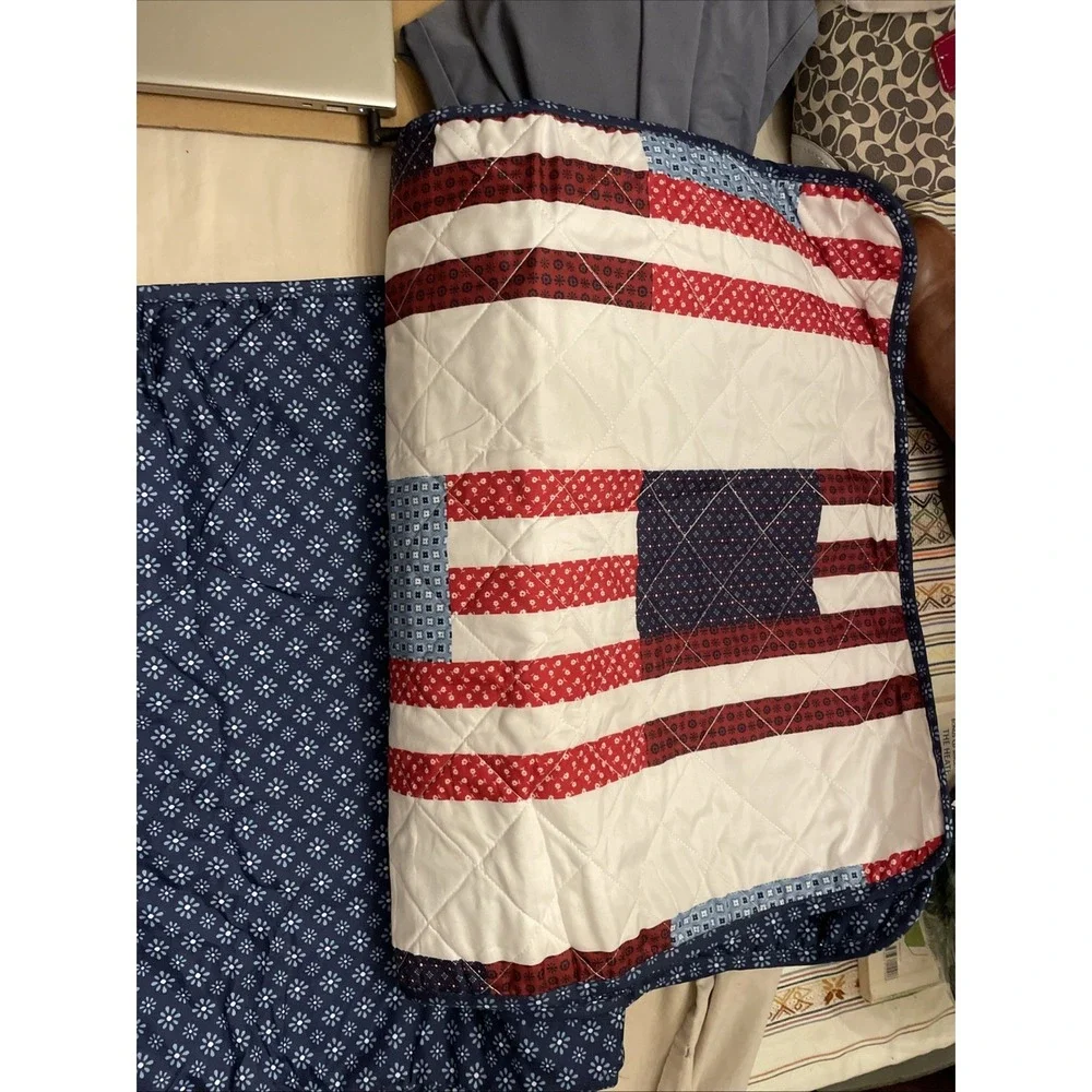 Pair New Matching Pillow Covers King Quilted‎ American Red White Blue Stripes